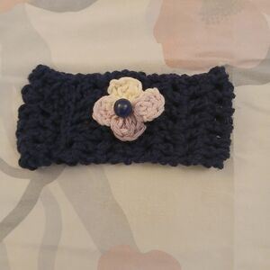 Charming Navy Hand Crocheted Baby Headband with Floral Detail